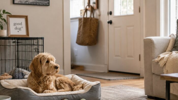 A calm dog resting alone at home with a chew toy