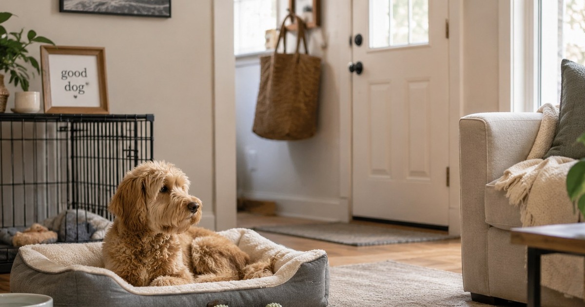 A calm dog resting alone at home with a chew toy