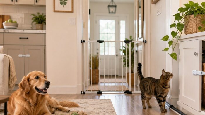 An owner pet-proofing a room by securing loose cables
