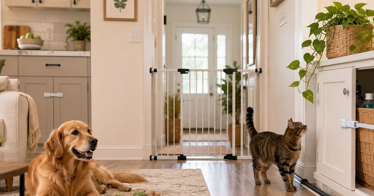 An owner pet-proofing a room by securing loose cables